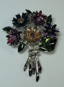 Multi Color Enamel Bouquet Flowers Silver Tone Brooch Pin Leaves - Picture 1 of 10
