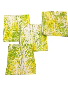 Vintage 70s Set 4 Cotton Tree Design Dinner Napkins Yellow Green 14.5" x 14.5" - Picture 1 of 5