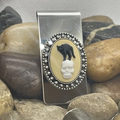 Skull Black Cat Biker Skull Money Clip Stainless Steel Skeleton Gothic Wedding - Image 1 of 4