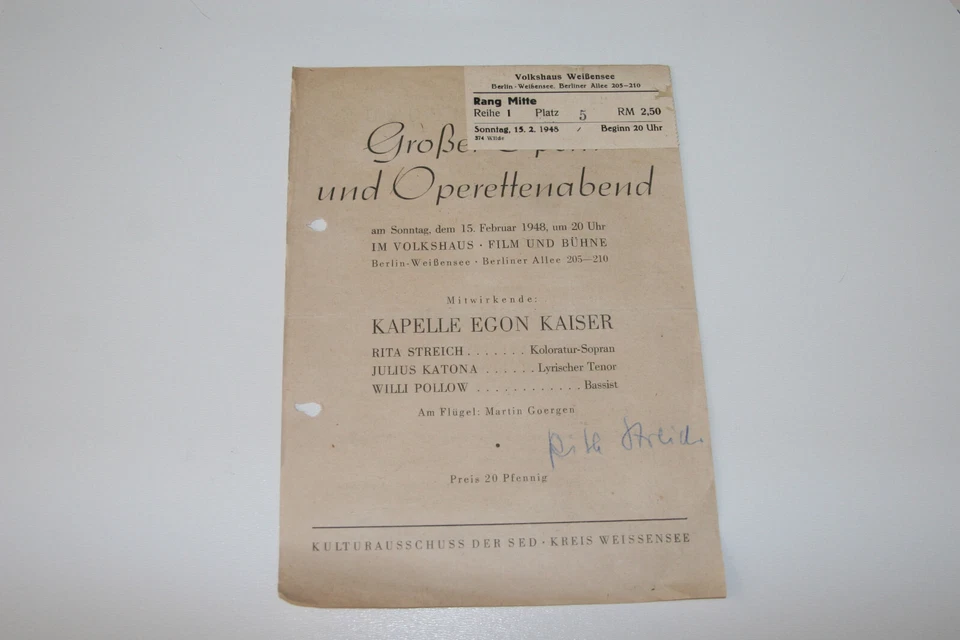 BZ Opernabend Rita Streich, J. Katona, W. Pollow 1948 mit Autogramm - Bild 1 von 1
