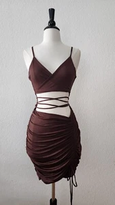 Urban Outfitters Dress New Size Medium Brown Ruche Cut Out Sexy Drawstring - Picture 1 of 6
