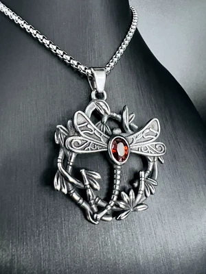 Libelle Anhänger Edelstahl Kette Rot Stein Schmetterling Damen Schmuck 274A - Bild 1 von 4
