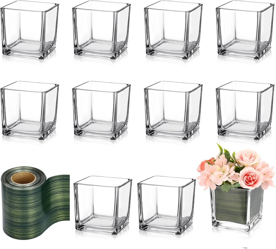 11 jarrones cuadrados de vidrio de 3 x 3 pulgadas y 2 rollos de 2,7 pulgadas x 30 yardas hoja floral Foto 1 de 4