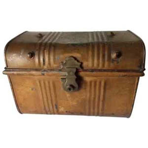 Antique 1872 English Miniature Tin Trunk Coach Travel Suitcase - Picture 1 of 7