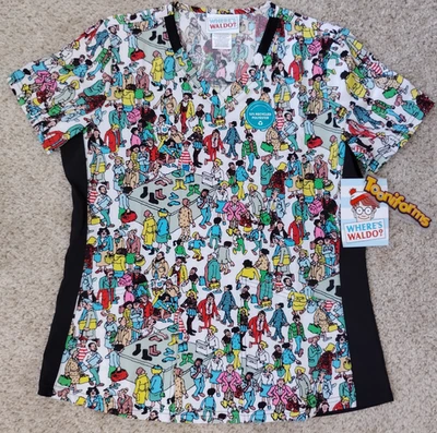 Wheres Waldo Scrub Shirt Womens M Dreamwork Cherokee Uniform Toooniforms New NWT - Image 1 of 4