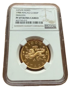 Macau Macao 1988 Gold 1000 Patacas NGC PF69UC Lunar Series - Year of The Dragon - Picture 1 of 2