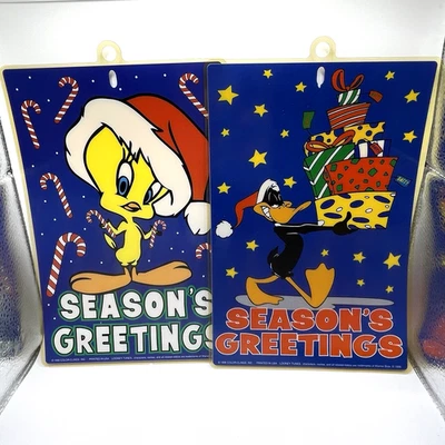 Looney Tunes 圣诞颜色 CLINGS 塑料窗户装饰 1996 Tweety Daffy — 第 1/4 张图片