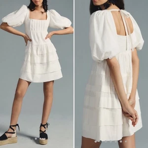 Anthropologie Puff Sleeve Square Neckline Babydoll Textured Mini Dress Sz L - Picture 1 of 12