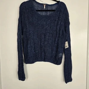 NEW Free People Navy Cosmos Combo Fuzzy Sweater Long Sleeves Size Small - Picture 1 of 9