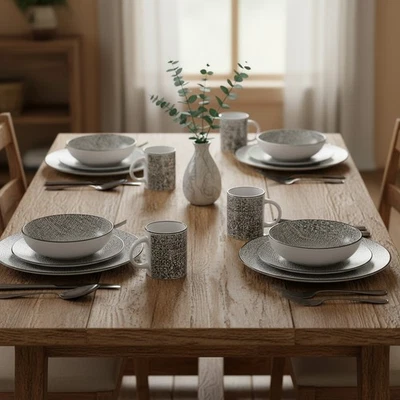 Juego de vajilla texturizada blanco y negro único - Servicio para 4, apto para lavavajillas Foto 1 de 4