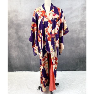 Japanese Kimono Robe Full Length Open Front Floral Lined Classic Traditional - Picture 1 of 8