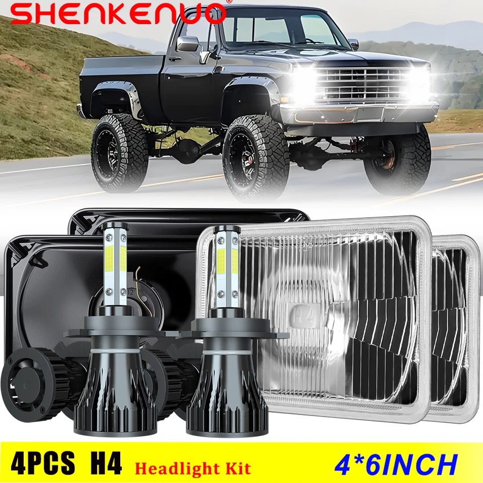4pc 4x6" LED Headlight H4 Hi/Lo Beam H6451 H6456 For Chevy K10 K20 K30 82-92 - Image 1 of 4