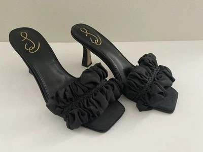 Sam Edelman Kady Size 8 Black Ruffle Square Toe Slip On Kitten Heel Sandals - Image 1 of 4