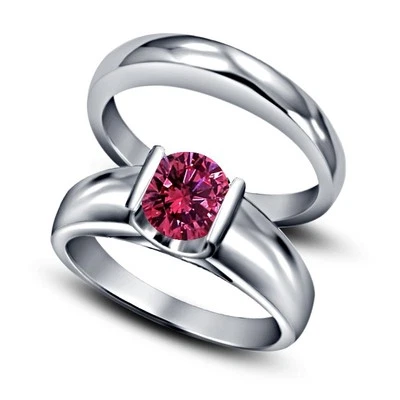 Juego de anillos de compromiso nupciales de zafiro creados en laboratorio redondos de 2 quilates de oro blanco de 14 quilates Foto 1 de 2