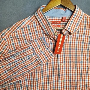 IZOD Shirt Mens XL SLIM FIT Orange Blue  Plaid Button Up Long Sleeve Cotton NEW  - Picture 1 of 8