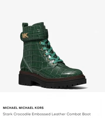 MICHAEL MICHAEL KORS Stark Crocodile Embossed Leather Combat Boot Moss - Image 1 of 4
