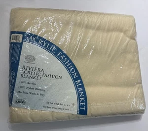 Vtg Beacon Riviera Blanket 100% Acrylic 90x72 Nylon Trim USA Made Blanket Beige - Picture 1 of 10