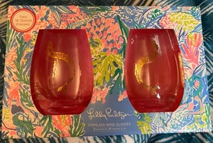 Lilly Pulitzer Stemless Wine Glasses “Mermaids Cove” Mermaid 16oz Set of 2 - Picture 1 of 2