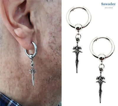 Orecchini a cerchio con pendente  in acciaio inox da uomo donna pugnale argento - Immagine 1 di 4