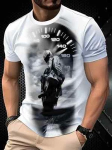 Herren Freizeit Rundhals T-Shirt, Motorrad Racer & Tacho Print, Sommer - Bild 1 von 5