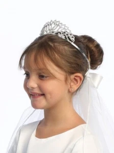 NEW 24" White Veil on Rhinestone Tiara - 1st Holy Communion - Picture 1 of 6