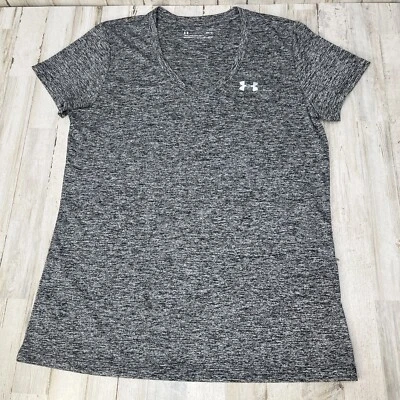 Under Armour T-Shirt Women Sz M Medium Gray V-Neck Short Sleeve Heat Gear Loose - Image 1 of 4