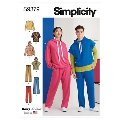 SIMPLICITY 9379 UNISEX HOODIES JOGGERS T SHIRTS Sewing Pattern Sizes XS & XXL - Image 1 of 4