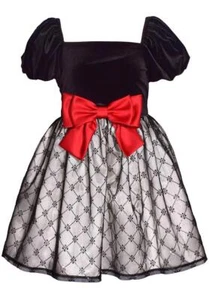 NEW Bonnie Jean Girls Size 16 "BLACK VELVET RED BOW" Puff Sleeve Christmas Dress - Picture 1 of 3