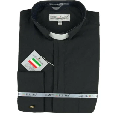 Camicia Daniel Ellissa uomo clero colletto a fascia nero bianco linguetta taglie 14,5 -22,5 - Immagine 1 di 4