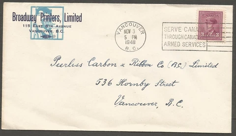 1948 Broadway Printers Illustrated Advertising Cover 3c War Slogan Vancouver BC Cover