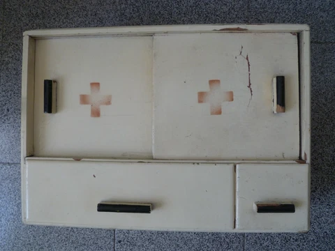 Old  Vintage  Wooden Red Cross  Medicine Cabinet Apothecary  Wall Chest Cover