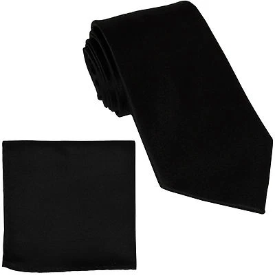 New Polyester Men's extra long Neck Tie & hankie solid formal big & tall black - Image 1 of 3