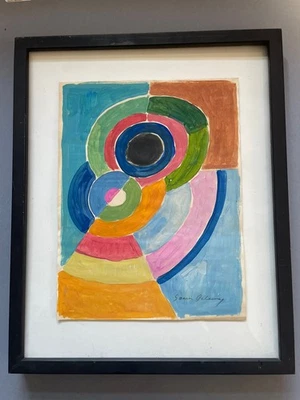 Sonia Delaunay Original Painting on Old Paper Pink Orange Home Decor Art B40 - Image 1 of 4