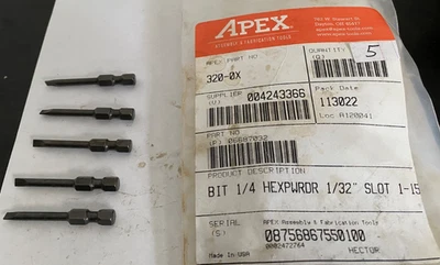 Broca de alimentación Apex 320-0X-1/4 Hexpwrdr 1/32" RANURA 1-15-Parte #06687032-Paquete de 5-NUEVA Foto 1 de 4