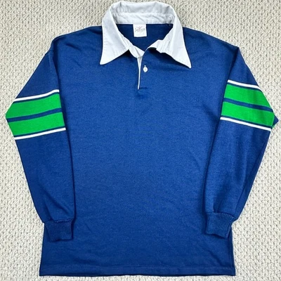 Vtg Jantzen Ruby Polo Mens M Slim Blue Long Sleeve Knit Shirt Made in USA 70s - Image 1 of 4