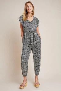 Anthropologie Zadie Satin Overall Größe 12 schwarz elfenbein Kurzarm neu Etikett 168 $ - Bild 1 von 7