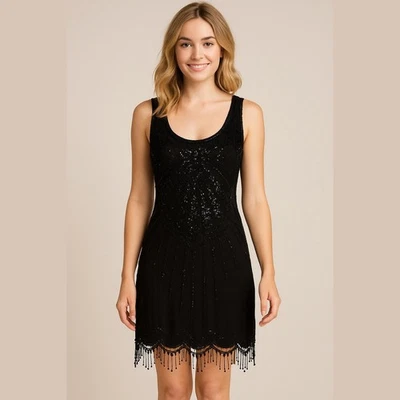 Vestido de cóctel Pisarro Nights negro lentejuelas Art Deco flecos LBD funda 6 nuevo con etiquetas Foto 1 de 4