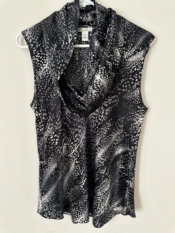 Топ женский Kenneth Cole New York размер 10 черный серый анималистический принт шелк без рукавов - Изображение 1 из 4