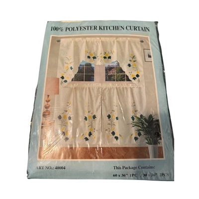 100 Percent Polyester Kitchen 3 pc  Curtain Set Floral Yellow Blue Art 40004 New - Image 1 of 4