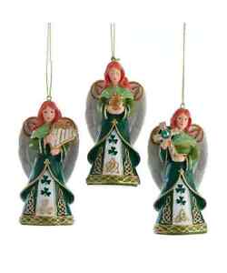 KURT ADLER SET OF 3 IRISH ANGELS HOLDING HARP, JAR & CROSS XMAS ORNAMENTS J7453