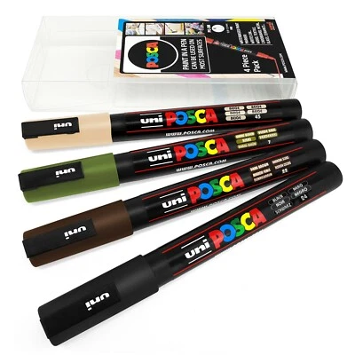 UNIBALL Uni Posca - PC-3M Kunst Malen Stifte - 4er Set - IN Plastik Etui - Tarnfarbe
