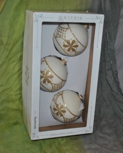 New VITBIS S/3 Mouth Blown Glass Xmas/Wedding Ornament BALL Pearl White GOLD 4" - Picture 1 of 3