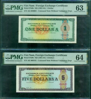 Vietnam Foreign Exchance Certificate 1981. 1 & 5$ MISSPELLING Error PMG 63 & 64 - Image 1 of 4
