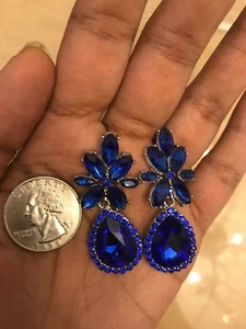 Royal Blue Earrings Silver Dangle Rhinestone Teardrop Crystal Pageant Prom - Picture 1 of 7