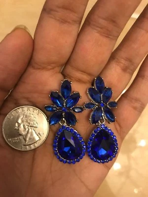 Royal Blue Earrings  Silver Dangle Rhinestone Teardrop Crystal Pageant Prom - Image 1 of 4
