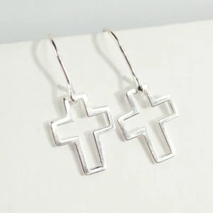 Sterling Silver Hook Drop Dangle Open Simple Cross Earrings - Picture 1 of 9