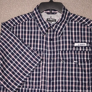 Habit Shirt Mens Medium Peacoat Plaid Short Sleeve Vented Light Fish Finder - Picture 1 of 20
