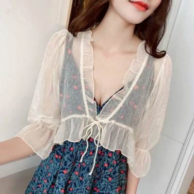 Women Chiffon Ruffles Shrug Bolero Capelet Cardigan Cape Mesh Sheer Crop Top - Image 1 of 4