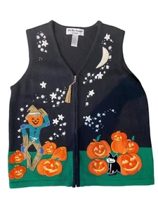 Vintage Halloween Pullover Weste Reißverschluss Vogelscheuche Jack O Laternen Katze Stern Neuheit XL - Bild 1 von 6