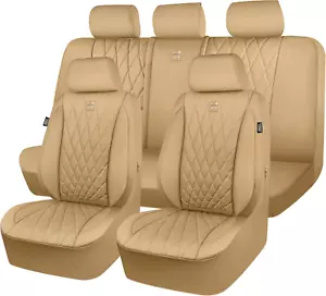 Set completo coprisedili in pelle di lusso per pass auto, 5 posti in pelle beige puro - Foto 1 di 11